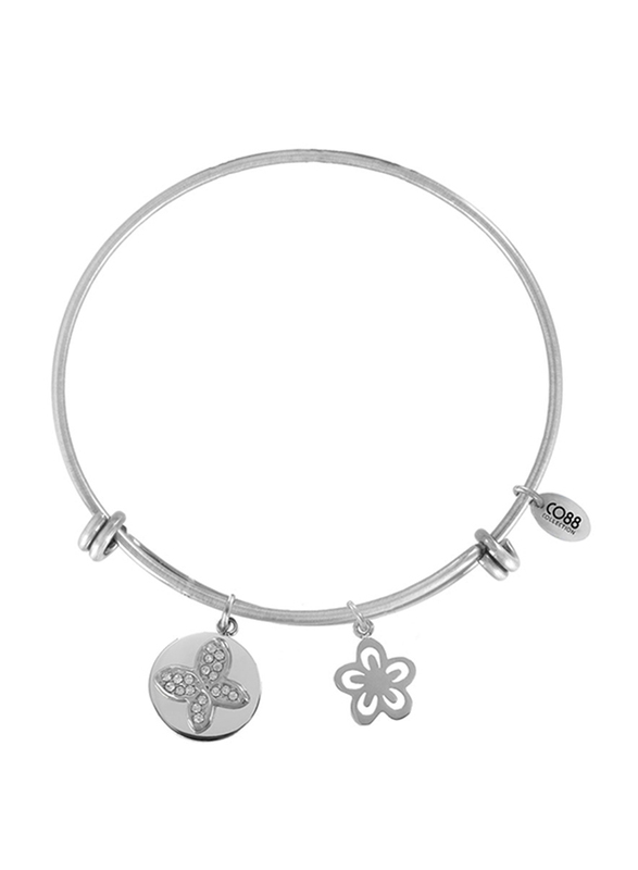 Co88 Sense Stainless Steel Bracelet for Women with Butterfly & Flower Charm and Crystal Stone, Silver