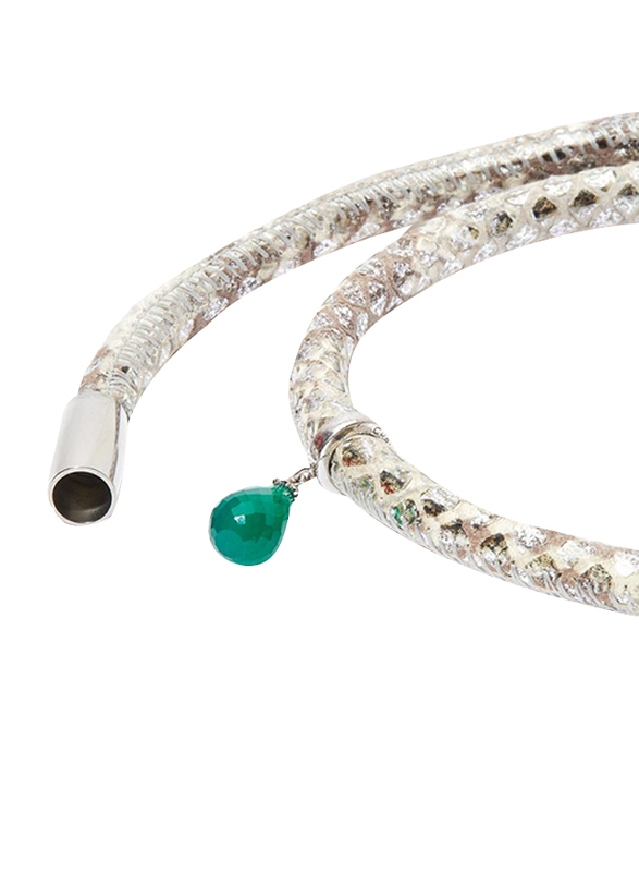 Christina Design London Leather Cord Multi Layer Bracelet for Women, with Green Onyx Drop, with Enamel Zebra and Koala Bear Tube, Silver