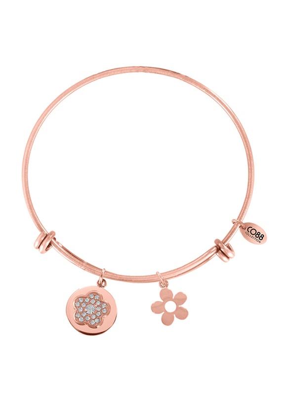 Co88 Sense Rose Gold Plated Bracelet for Women with Flower Charm and Crystal Stone, Rose Gold