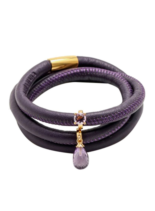 Christina Design London Leather Cord Multi Layer Bracelet for Women, with Amethyst Drops and Amethyst Quartz Ring Charm, Purple