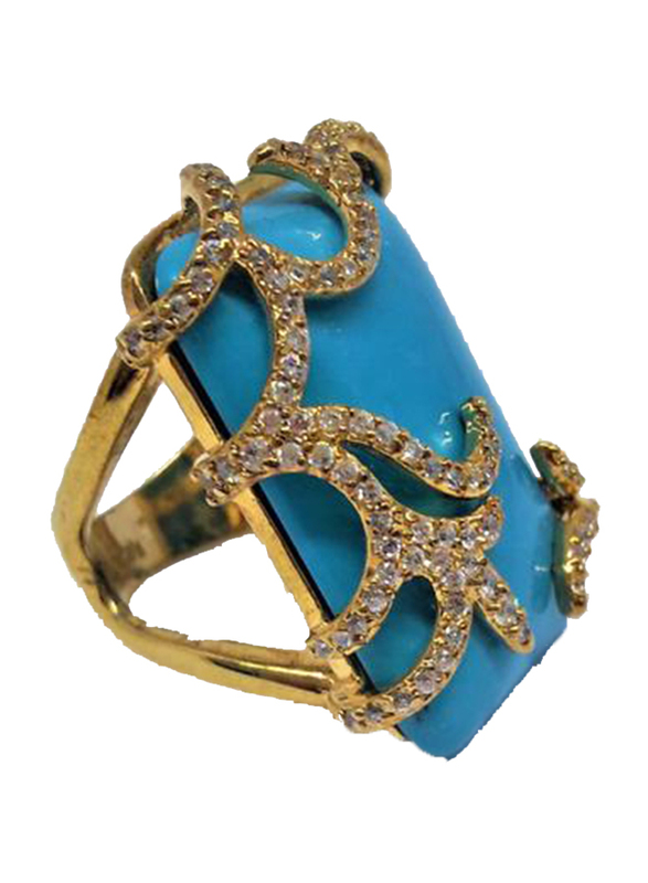 Amishi London Gold Plated Stainless Steel Fashion Ring for Women, with Turquoise Blue and Cubic Zirconia Stones, Gold, EU 55