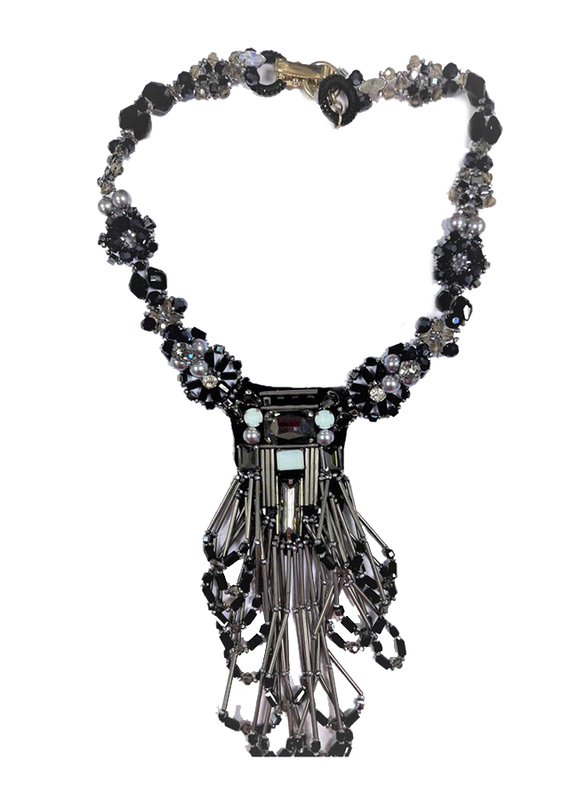 Amishi London Stainless Steel Studded Statement Necklace for Women, with Black & Gunmetal Crystal Stones, Black