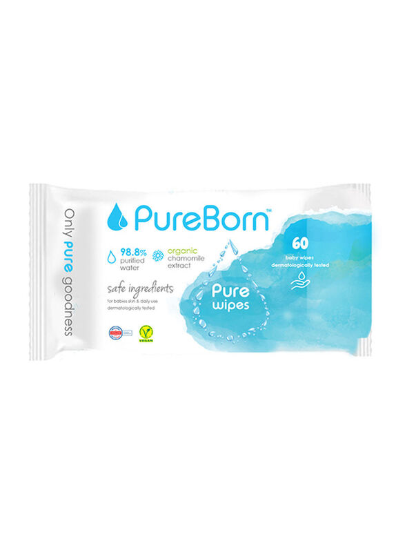 PureBorn Organic Baby Wet Wipes, White, 60 Wipes