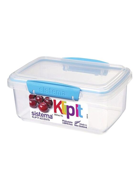 Sistema Klip It Accents Rectangular Food Container, 1L, Blue/Clear
