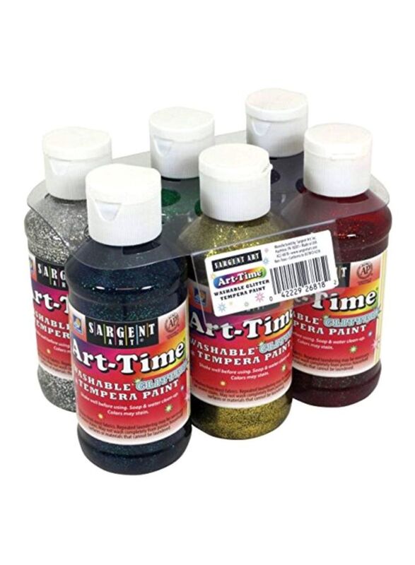 Sargent Art Art-Time Washable Glitter Tempera Paints, 6 Piece, Silver/Gold/Red