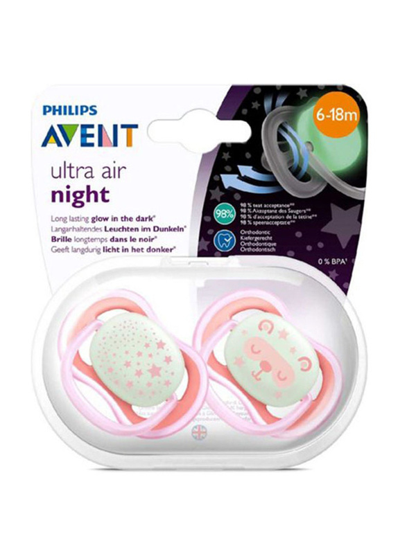 

Philips Avent Ultra Air Night Soother 6-18 Months, 2 Pieces, White/Pink