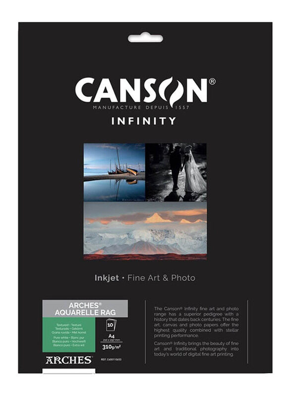 

Canson Infinity Arches Aquarelle Rag Pure White Textured, 10 Sheets, A4 Size