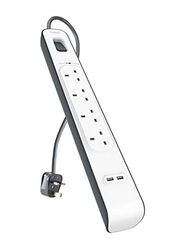 Belkin 4 Way 2 USB Port Surge Protection Extension Socket with 2-Meter Cable, White