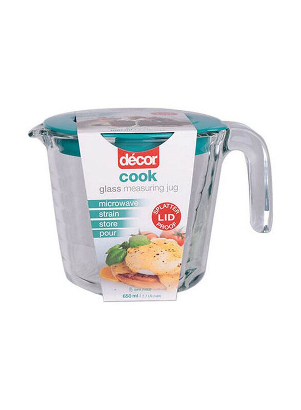

Decor 650ml Glass Measuring Jug With Lid, Clear/Teal