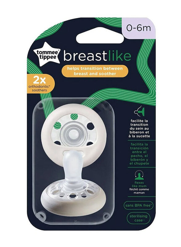

Tommee Tippee Breast-Like Soother Skin-Like Texture Symmetrical Orthodontic Design With Includes Sterilizer Box, 0-6 Months, 2 Pieces, Assorted