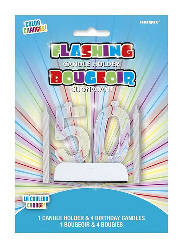 

Unique Industries 3-inch Flashing Number 50 Cake Topper and Birthday Candle Set, 5 Pieces, Multicolour