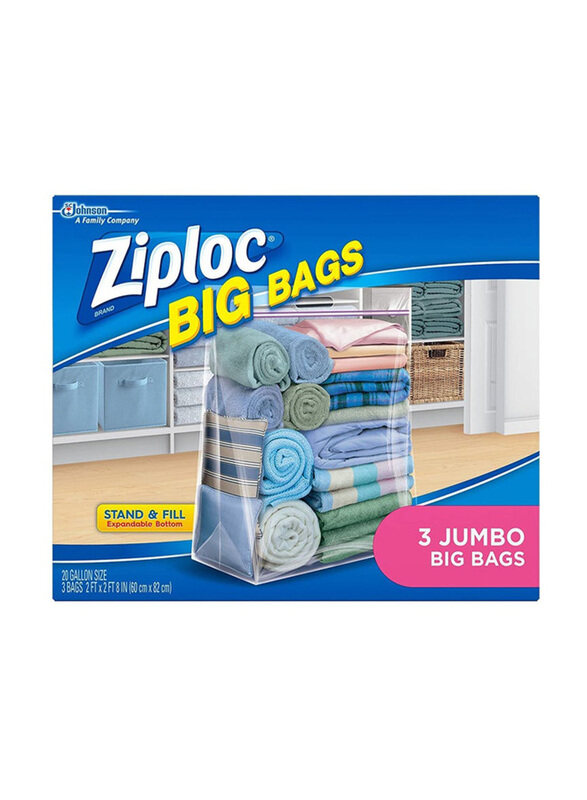 

Ziploc Big Bags Plastic Jumbo Storage Bags, 20 Gallon x 3 Bags, Clear