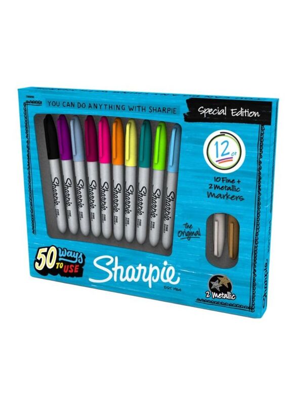 Sharpie Permanent Marker Set, 12-Piece, Grey/Blue/Green