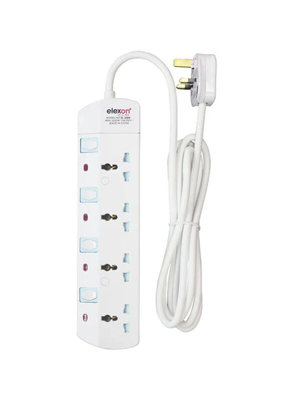 Elexon 4 Way Power Extension Socket with 2-Meter Cable, White
