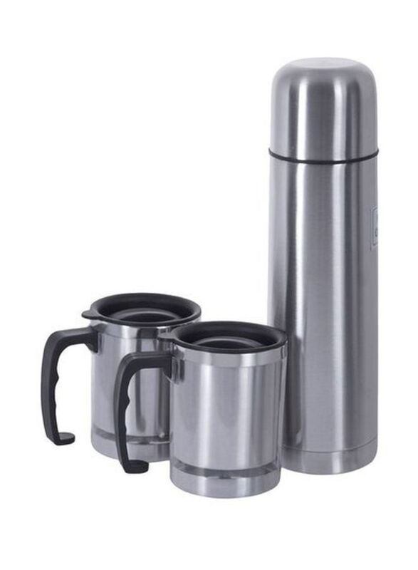 Nessan 3 Piece Vacuum Flask And Mugs Set, Silver/Black