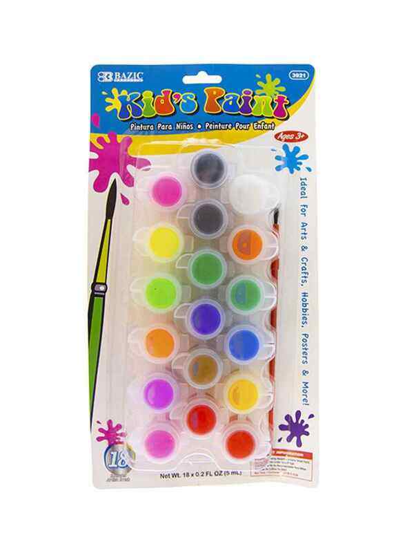 Bazic Colour Kid's Paint With Brush, 18 Pieces x 5ml, Multicolour