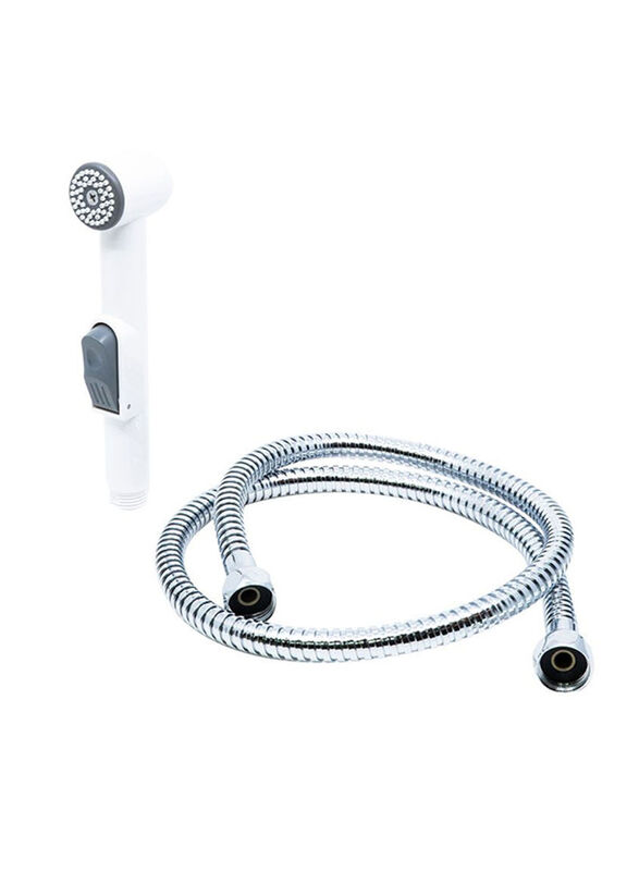 Kistenmacher 3-Piece Toilet Spray Shattaf with Flexible Hose and Holder Set, White/Silver/Grey
