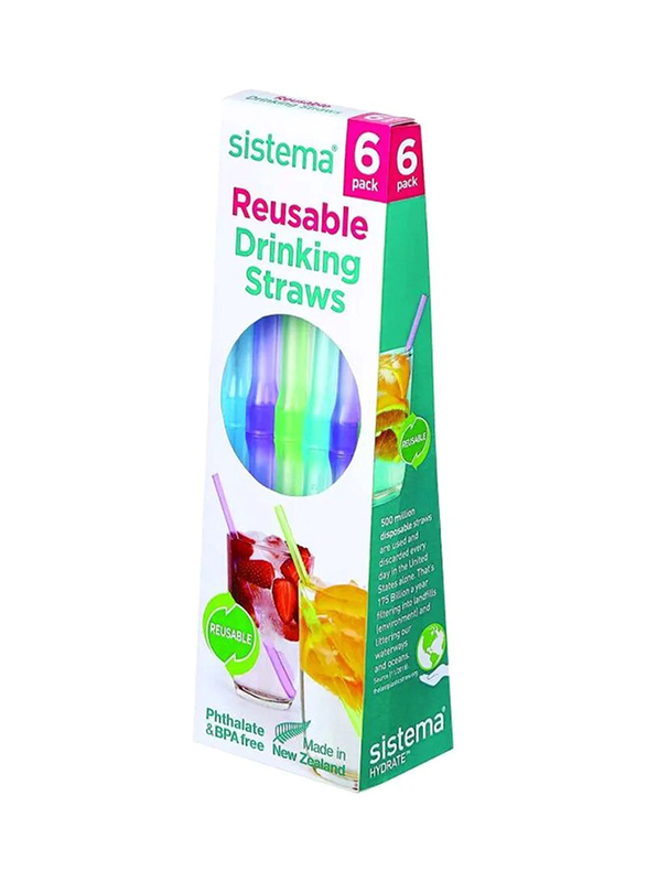 Sistema 6-Piece Reusable Drinking Straw, Green/Blue/Purple