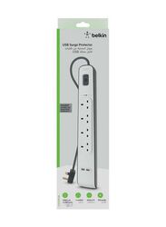 Belkin 4 Way 2 USB Port Surge Protection Extension Socket with 2-Meter Cable, White