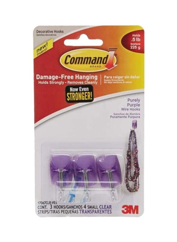 Command Wired Hooks Set, 3 Pieces, Purple/Silver
