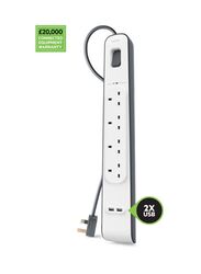 Belkin 4 Way 2 USB Port Surge Protection Extension Socket with 2-Meter Cable, White
