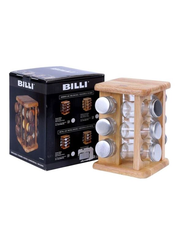 Billi 12-Piece Spice Jar Set With Rotating Rack, 15x22.5x15cm, Brown