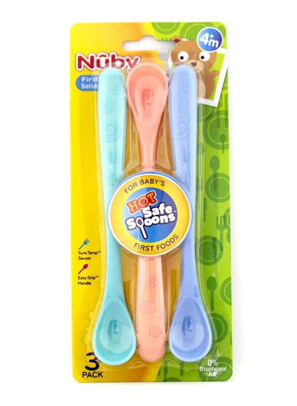 Nuby 3-Piece Hot Safe Soft Tip Spoon Set, Multicolour