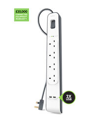 Belkin 4 Way 2 USB Port Surge Protection Extension Socket with 2-Meter Cable, White/Grey
