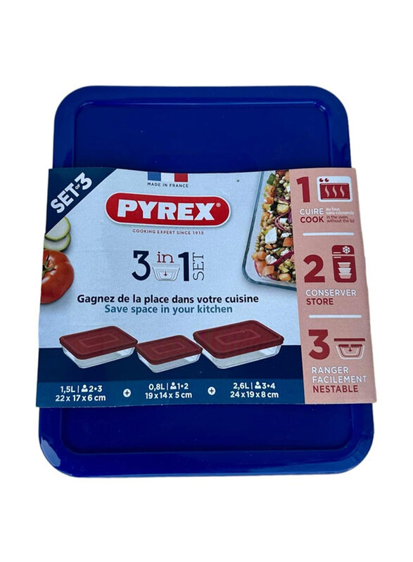 

Pyrex 3-Piece Rectangular Food Cook Storage Container With Glass Lid, Clear/Blue