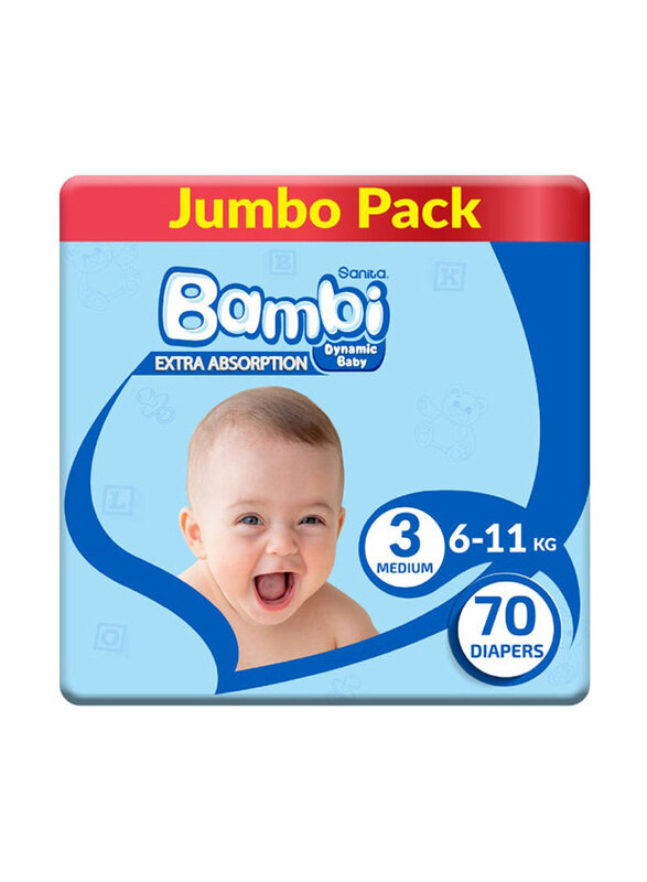 

Sanita Bambi Extra Absorption Diapers, Size 3, Medium, 6-11 Kg, Jumbo Pack, 70 Count