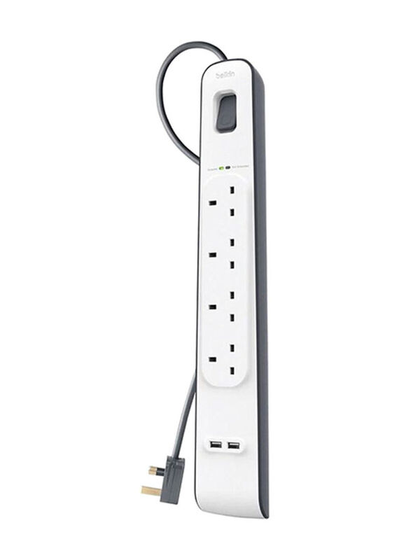 Belkin 4 Way 2 USB Port Surge Protection Extension Socket with 2-Meter Cable, White/Grey