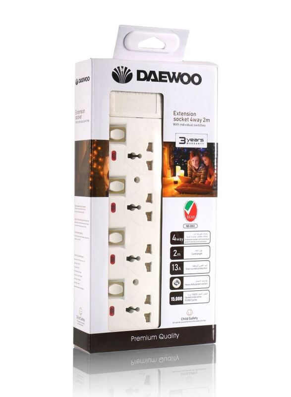 Daewoo 4 Way Universal Extension Socket with 2-Meter Cable, White