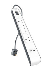 Belkin 4 Way 2 USB Port Surge Protection Extension Socket with 2-Meter Cable, White/Grey