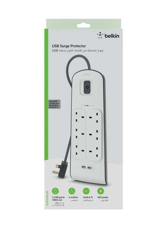 Belkin 6 Way 2 USB Port Surge Protection Extension Socket with 2-Meter Cable, White