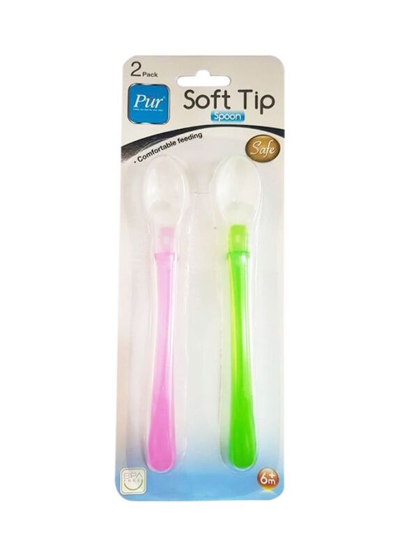 Pur 2-Piece Plastic Soft Tip Spoon Set, Pink/Green/Clear