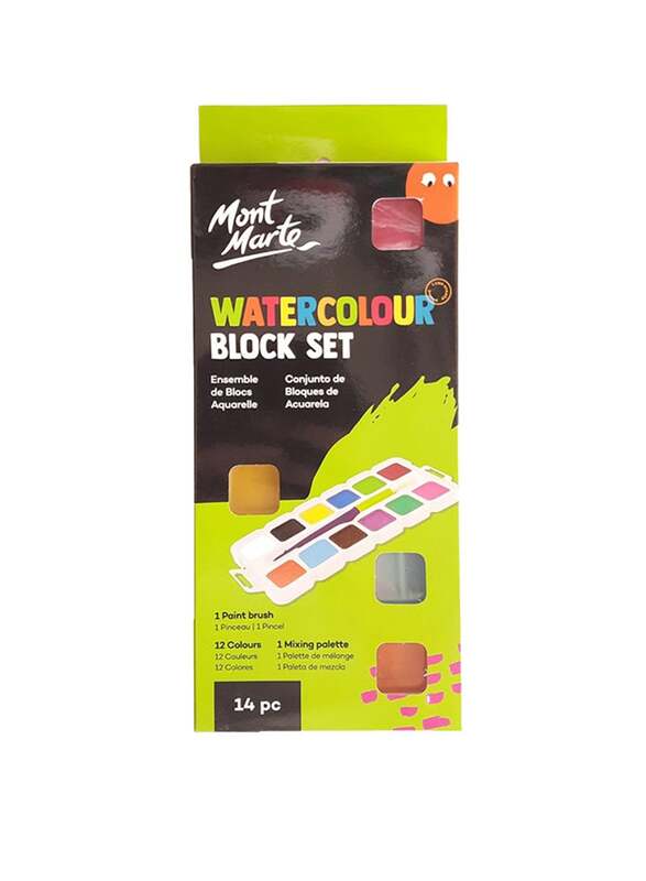 Mont Marte Kids Washable Water Colours Block Set with Mixing Palette, 12 Piece, Multicolour