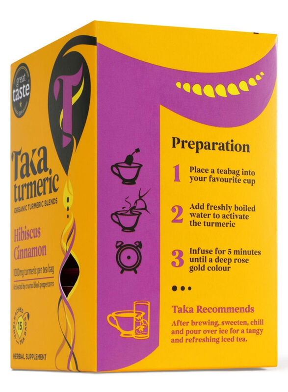 Taka Turmeric Organic Turmeric Blends Hibiscus Cinnamon Tea, 15 Tea Bags x 36g