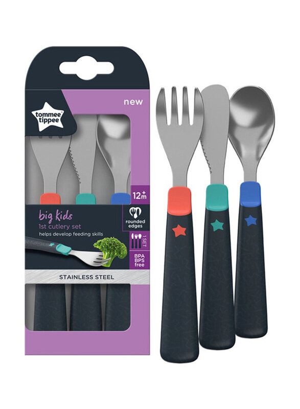 

Tommee Tippee Big Kids Stainless Steel First Cutlery Set Rounded Edges Chunky Handles, 12 Months+, 3 Pieces, Multicolour