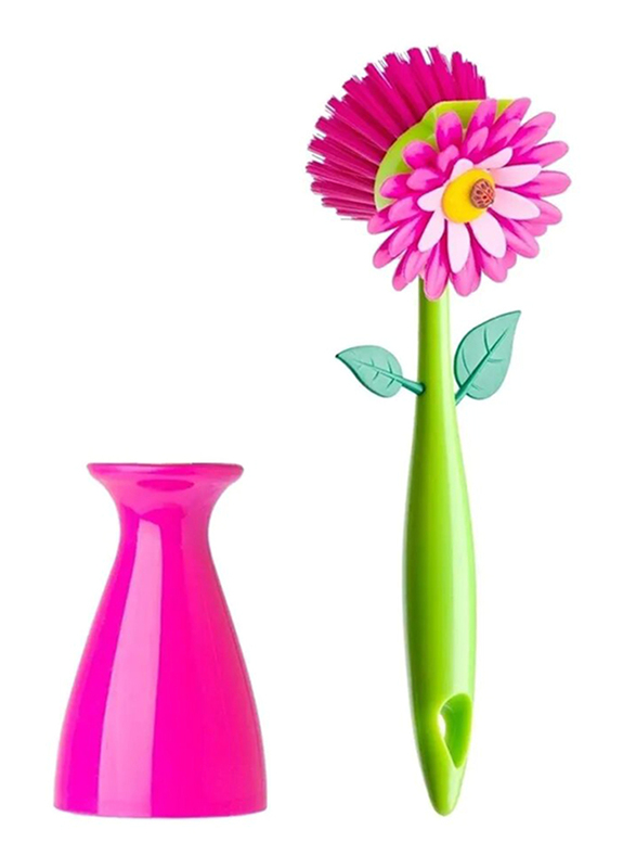 Vigar Flower Power Dish Washing Brush with Stand, Pink/Green
