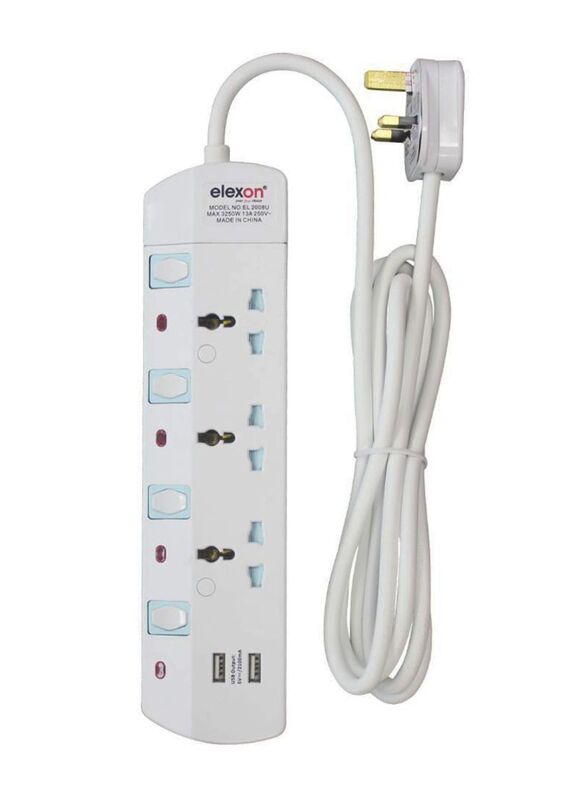 Elexon 3 Way Power Extension Socket and 2 USB Port with 2-Meter Cable, White