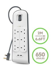 Belkin 6 Way 2 USB Port Surge Protection Extension Socket with 2-Meter Cable, White