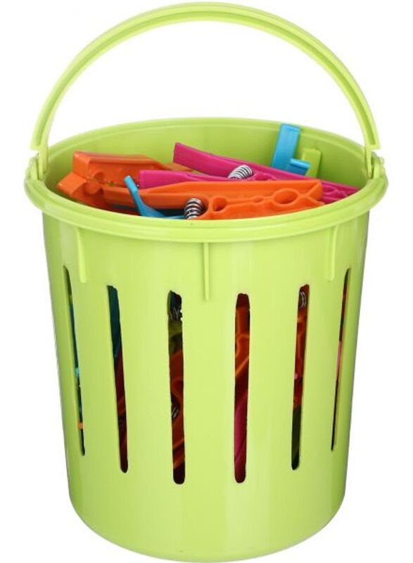 Pioneer Plastic Clothes Peg with Basket Set, 15 x 15.5cm, 50 Piece, Green/Multicolour