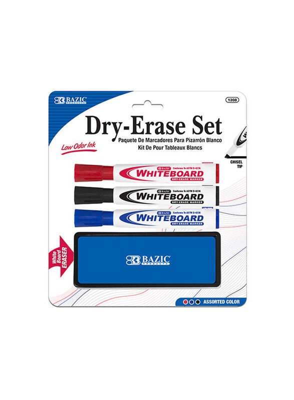 Bazic 3-Piece Chisel Tip Dry Erase Marker With Eraser, Multicolour