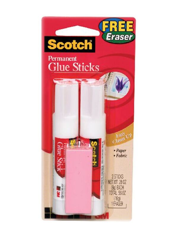 Scotch Permanent Glue Stick with Eraser, 3 Piece, White