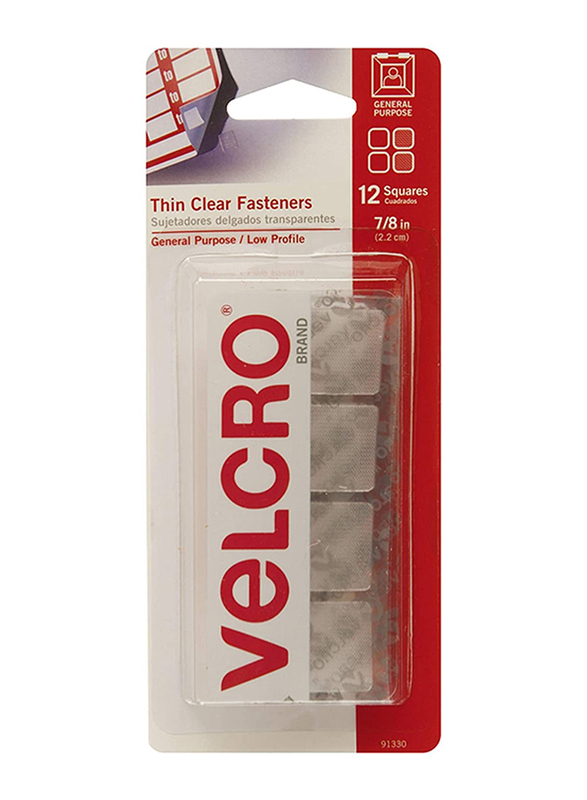Velcro Thin Clear Mounting Squares, 12 Squares, Clear
