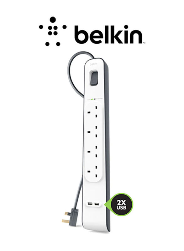 Belkin 4 Way 2 USB Port Surge Protection Extension Socket with 2-Meter Cable, White/Grey