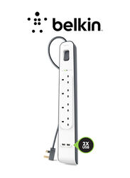 Belkin 4 Way 2 USB Port Surge Protection Extension Socket with 2-Meter Cable, White/Grey