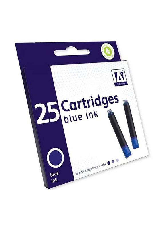 

A Stationery 25-Piece Blue Ink Cartridges for Fountain Pens, Blue