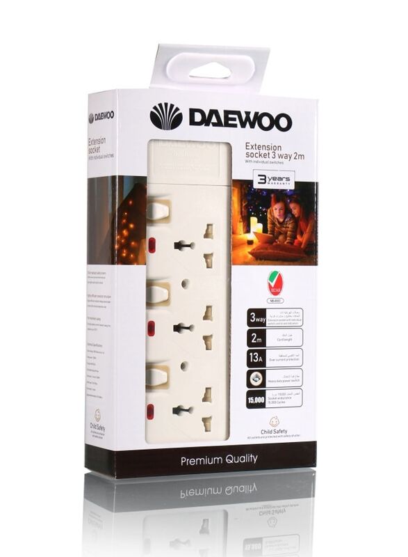 Daewoo 3 Way Universal Extension Socket with 2-Meter Cable, White