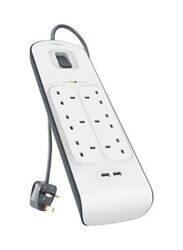 Belkin 6 Way 2 USB Port Surge Protection Extension Socket with 2-Meter Cable, White